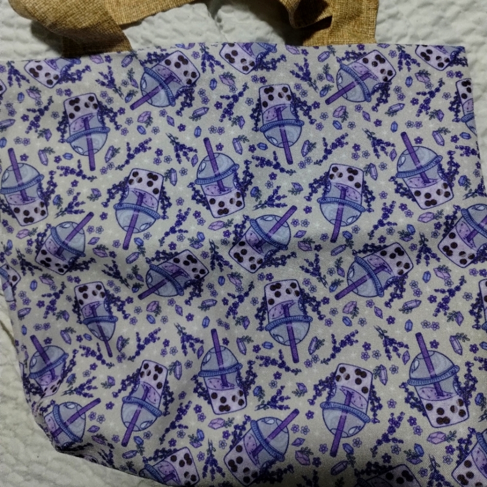Handmade tote purple boba tea pattern Like New witchy vibes boho library book